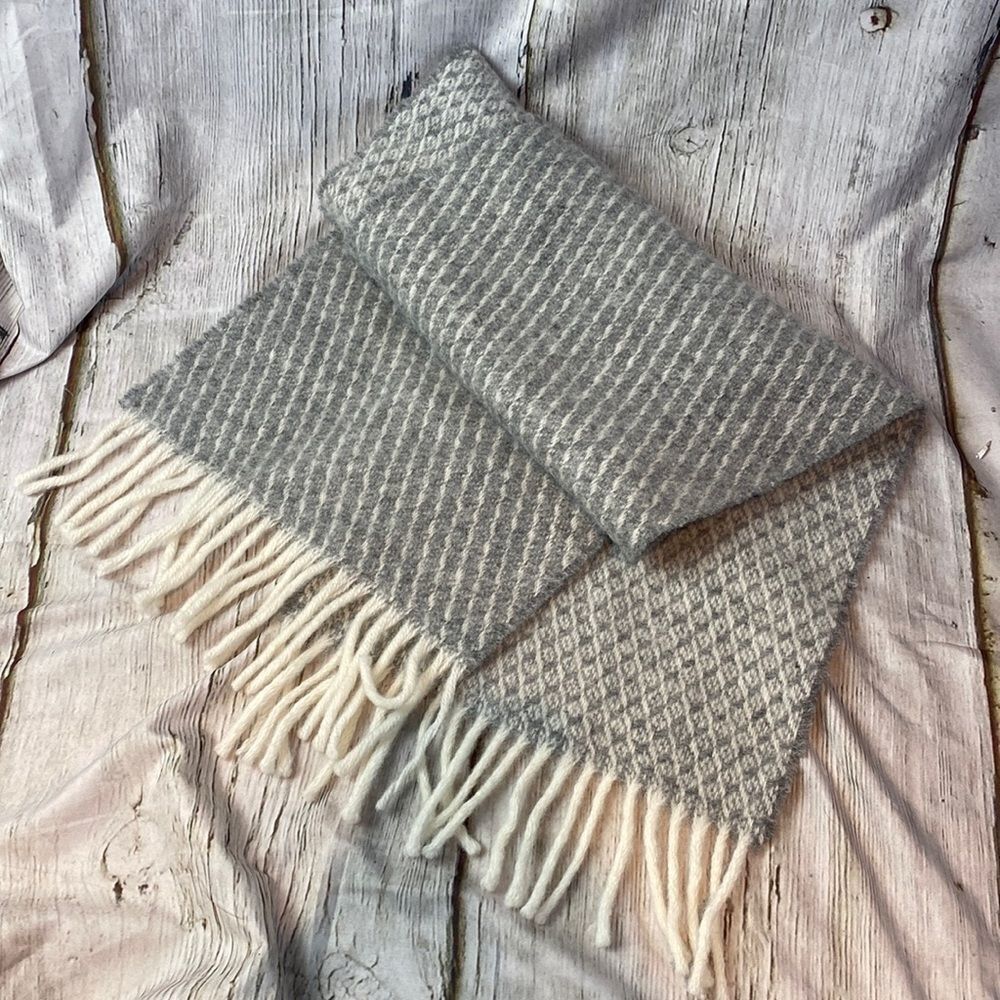Wool Knit Fringe Scarf Gray and Ivory